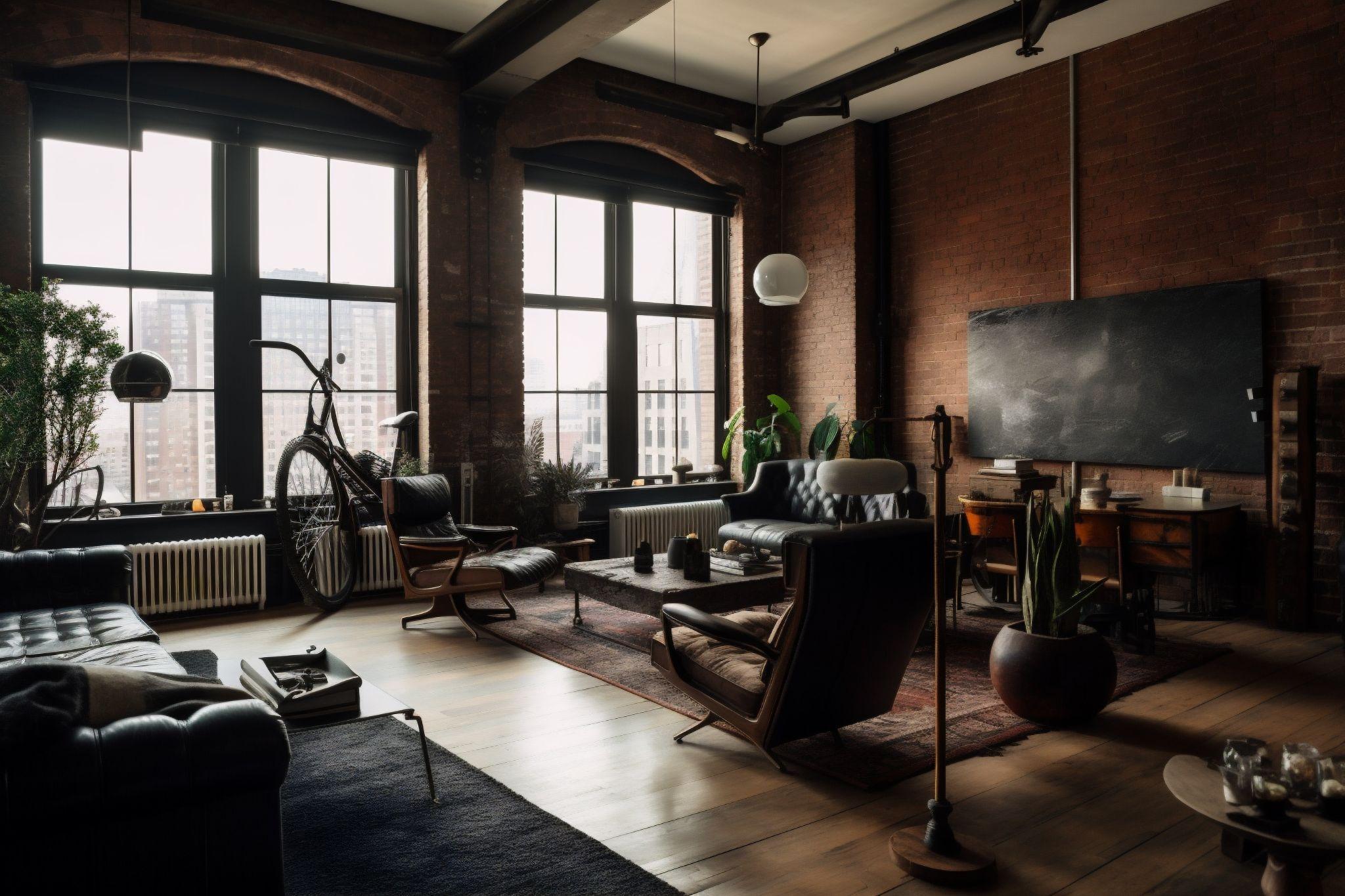 Interior of gorgeous NYC loft showcasing exposed brick walls and landscape buildings