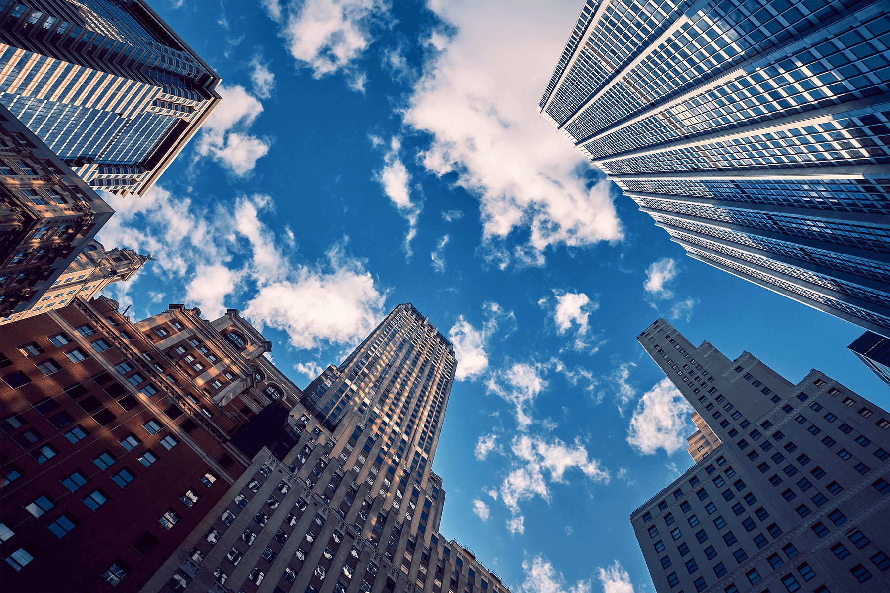 Upward view of buildings in New York.
