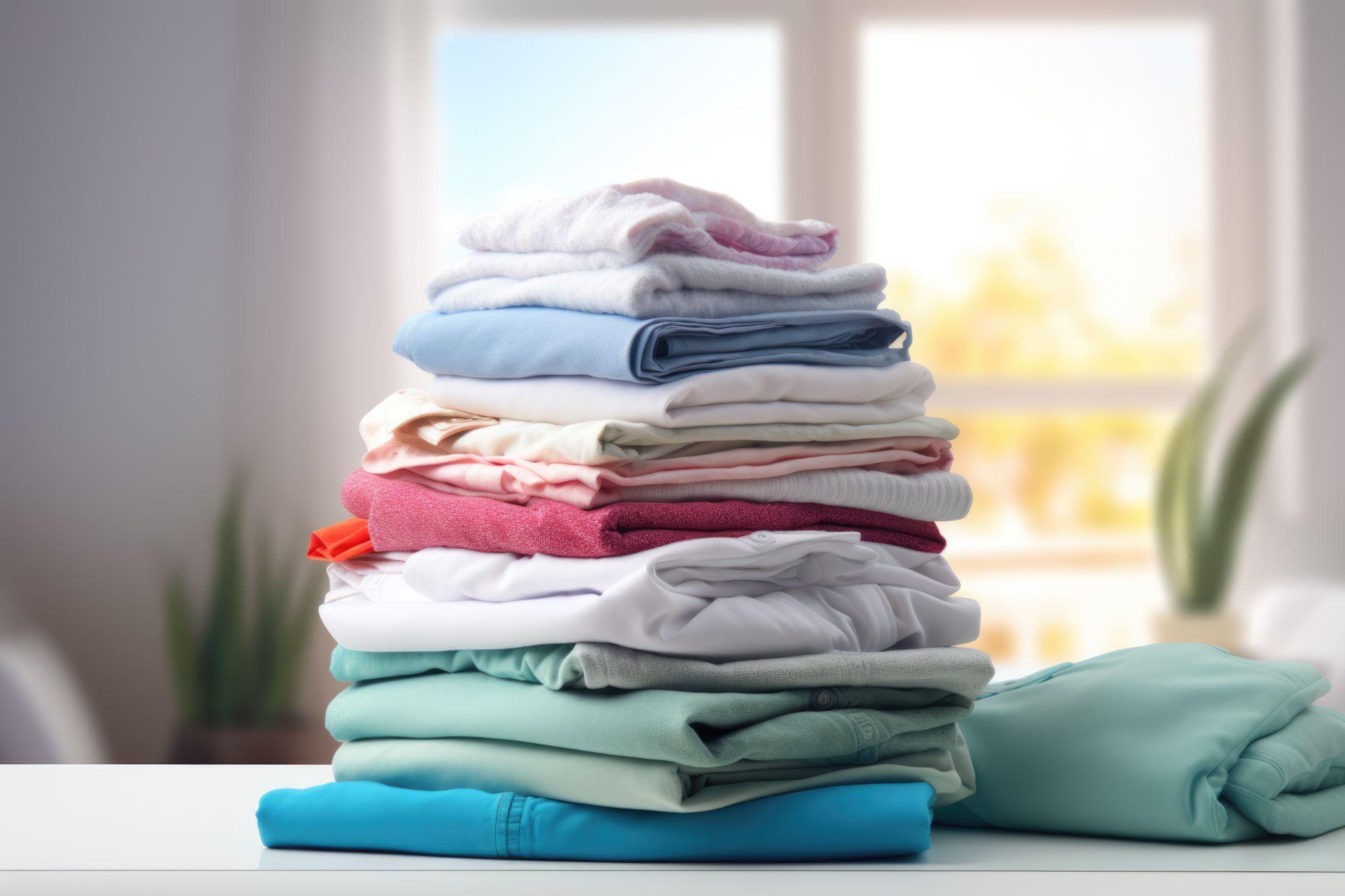 Stack of folded clothes sitting on top of table.