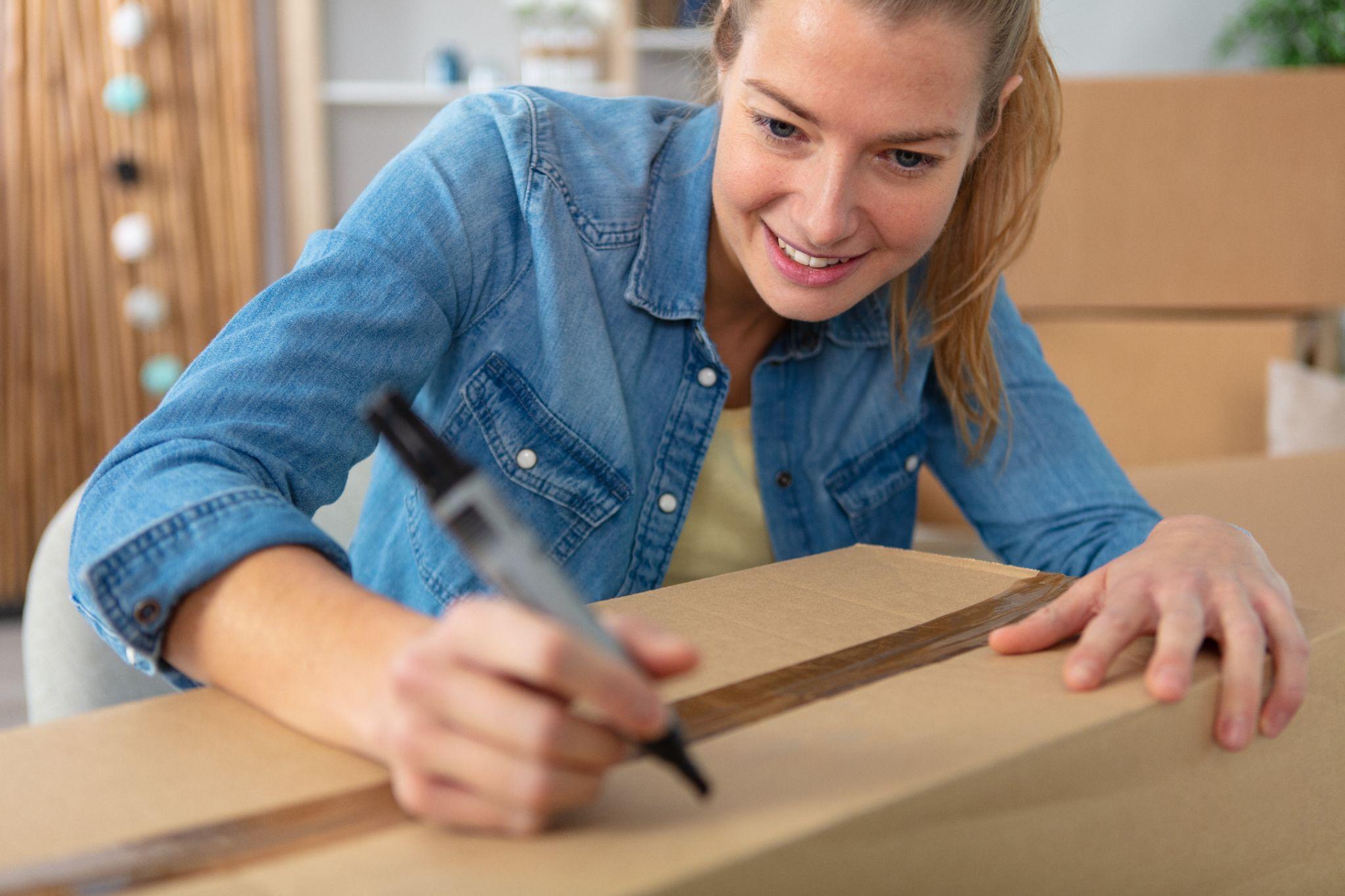 woman writing on a cardboard box